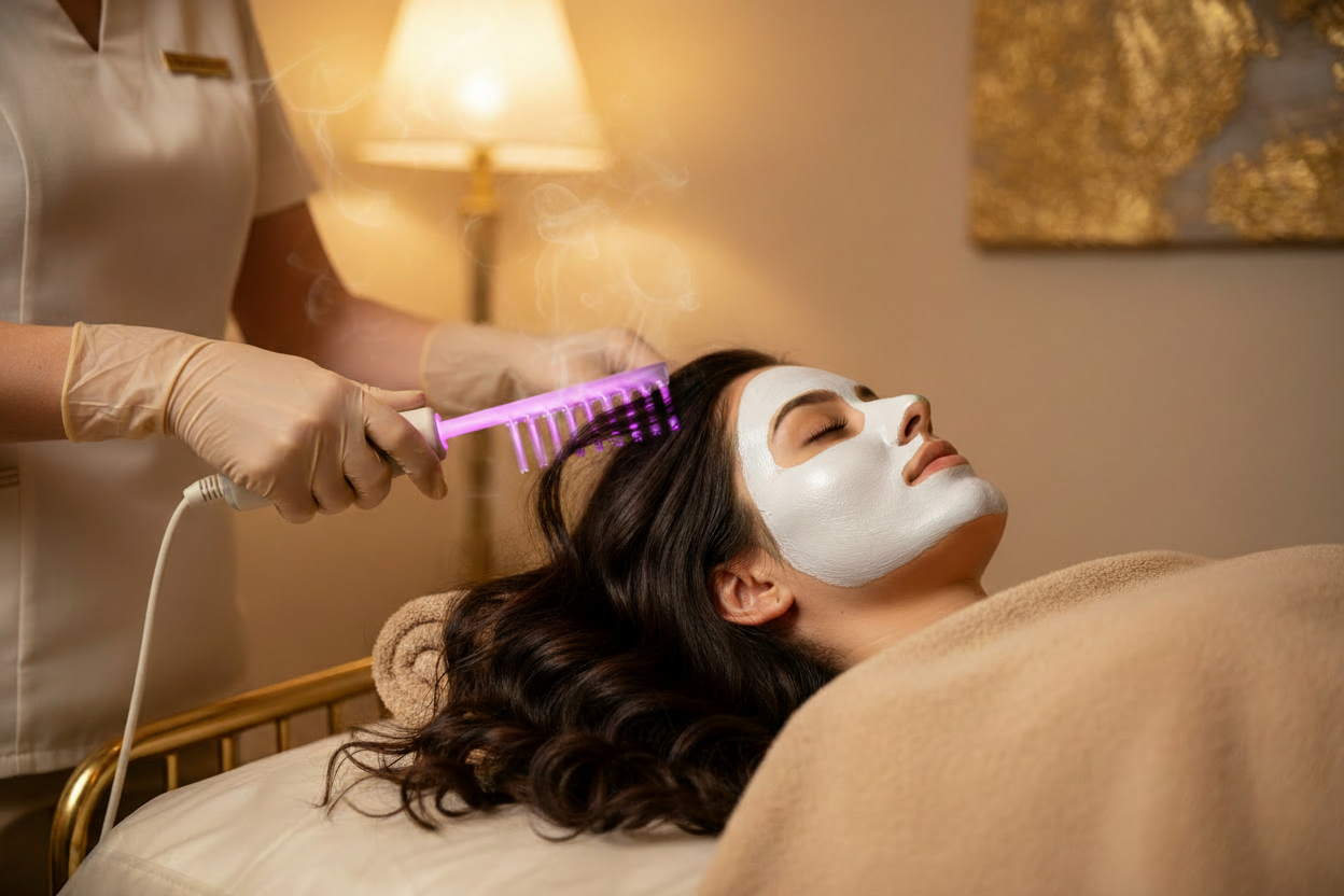 Tratamento capilar com pente eletroestimulador e máscara branca